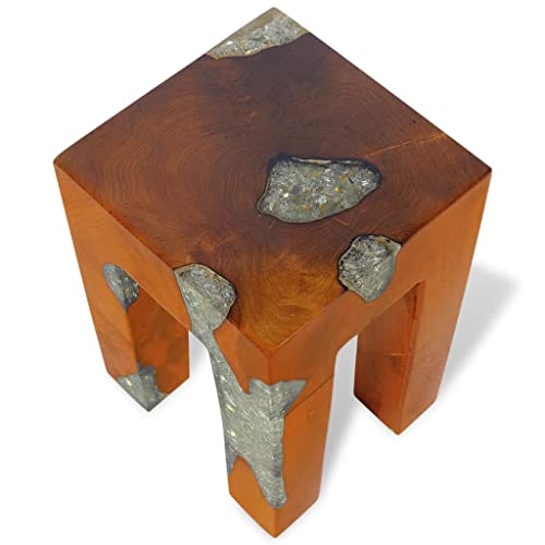 SKM Wooden Stool Handmade Small Stool Solid Teak Wood and Resin 11.8" x 11.8" x 15.7" (L x W x H)