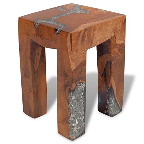 SKM Wooden Stool Handmade Small Stool Solid Teak Wood and Resin 11.8" x 11.8" x 15.7" (L x W x H)