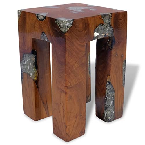 SKM Wooden Stool Handmade Small Stool Solid Teak Wood and Resin 11.8" x 11.8" x 15.7" (L x W x H)