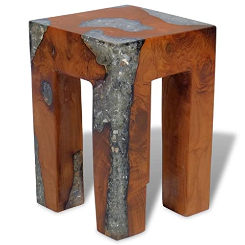 SKM Wooden Stool Handmade Small Stool Solid Teak Wood and Resin 11.8" x 11.8" x 15.7" (L x W x H)