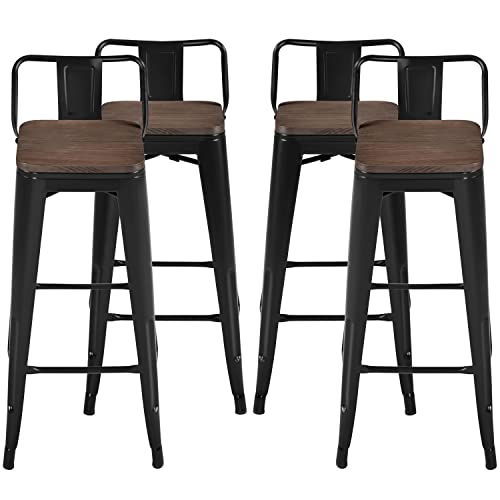 Yaheetech 30 inch Metal Stools Low Back Patio Bar Chairs Set of 4 Counter Height Stools Stackable Industrial Barstools with Wood Top Matte Black