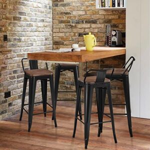 Yaheetech 30 inch Metal Stools Low Back Patio Bar Chairs Set of 4 Counter Height Stools Stackable Industrial Barstools with Wood Top Matte Black