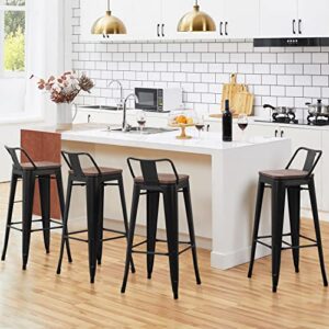 Yaheetech 30 inch Metal Stools Low Back Patio Bar Chairs Set of 4 Counter Height Stools Stackable Industrial Barstools with Wood Top Matte Black