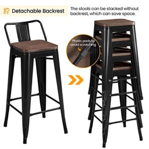 Yaheetech 30 inch Metal Stools Low Back Patio Bar Chairs Set of 4 Counter Height Stools Stackable Industrial Barstools with Wood Top Matte Black