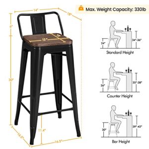 Yaheetech 30 inch Metal Stools Low Back Patio Bar Chairs Set of 4 Counter Height Stools Stackable Industrial Barstools with Wood Top Matte Black