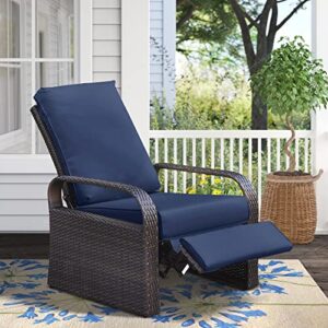 ATR ART TO REAL Outdoor Recliner, Set of 2 Wicker Reclining Chair with Coffee End Side Table, Aluminum Frame Patio Chaise Lounge Chairs with Thicken Cushions (Navy)