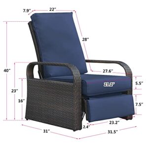 ATR ART TO REAL Outdoor Recliner, Set of 2 Wicker Reclining Chair with Coffee End Side Table, Aluminum Frame Patio Chaise Lounge Chairs with Thicken Cushions (Navy)