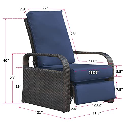 ATR ART TO REAL Outdoor Recliner, Set of 2 Wicker Reclining Chair with Coffee End Side Table, Aluminum Frame Patio Chaise Lounge Chairs with Thicken Cushions (Navy)