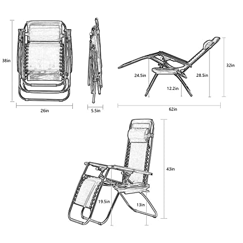Zero Gravity Chairs Patio Chair Set of 1 Outdoor Adjustable Dining Reclining Folding Chairs for Deck Patio Beach Yard with Pillow and Cup Holder,Black