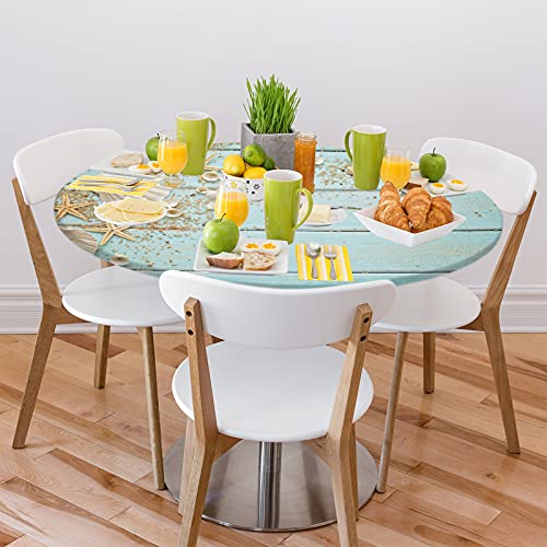 Beach Wood Texture Elastic Edge Round Tablecloth Shell Starfish Fitted Table Cover Waterproof Wipeable Round Table Cloth for Parties Outdoor Dining Table Decor Pads Size 48"(Fit for 36"-42" Table)