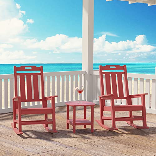 kevinplus Outdoor Rocking Chair Set of 2 with Side Table for Porch, Outdoor Rocker Chair Set for Backyard Lawn Patio, Outdoor HDPE Adirondack Rocking Chair All Weather Resistant (3-Pcs Red)