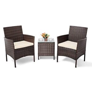 cemeon 3-piece patio bistro set outdoor conversation set, brown wicker porch chairs set garden furniture with coffee table (beige cushion)