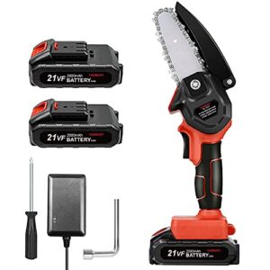 skcoipsra mini chainsaw cordless 4 inch, 2.43 pounds portable electric chainsaw with 2 chains & batteries, one-handed power chain saws for tree trimming branch wood cutting