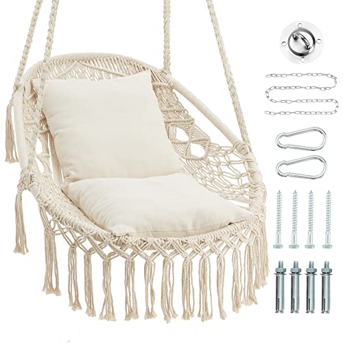 Homgava Hammock Chair Hanging Rope Swing, Hanging Chair Max 330Lbs,2 Cushions Included Macrame Swing Chair for Bedroom,Indoor, Outdoor, Porch, Patio, Garden,(Beige)