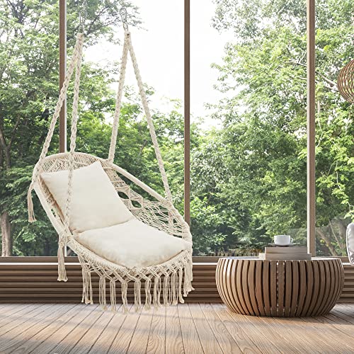 Homgava Hammock Chair Hanging Rope Swing, Hanging Chair Max 330Lbs,2 Cushions Included Macrame Swing Chair for Bedroom,Indoor, Outdoor, Porch, Patio, Garden,(Beige)