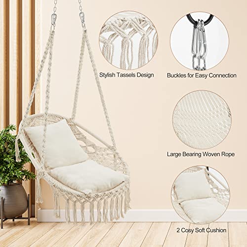 Homgava Hammock Chair Hanging Rope Swing, Hanging Chair Max 330Lbs,2 Cushions Included Macrame Swing Chair for Bedroom,Indoor, Outdoor, Porch, Patio, Garden,(Beige)