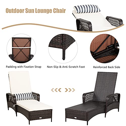 HAPPYGRILL Outdoor PE Rattan Lounge Chair Recliner Patio Chaise Lounger with Extra Waist Pillow, Reclining Chair with 6 Adjustable Gears for Outdoor Beach Pool Backyard