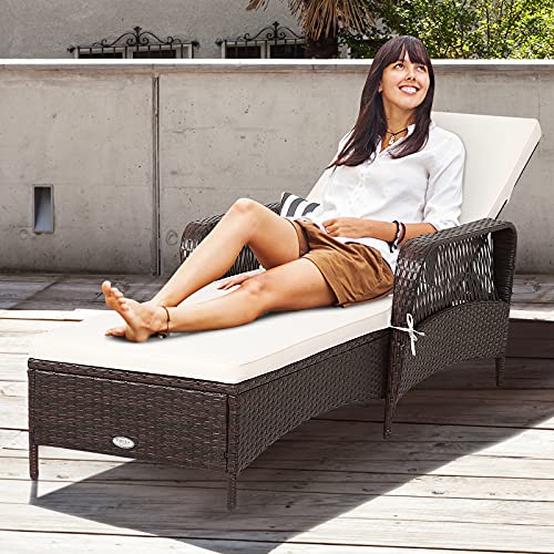 HAPPYGRILL Outdoor PE Rattan Lounge Chair Recliner Patio Chaise Lounger with Extra Waist Pillow, Reclining Chair with 6 Adjustable Gears for Outdoor Beach Pool Backyard