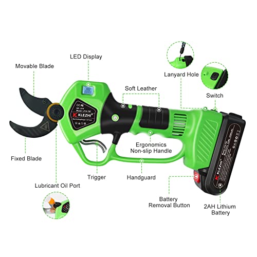 K KLEZHI Cordless Electric Pruning Shears Battery Powered Tree Branch Pruner Cut Capacity of 40mm / 1.58inches, 2 x 2 Ah Lithium Rechargeable Battery 6-8 Working Hours Green