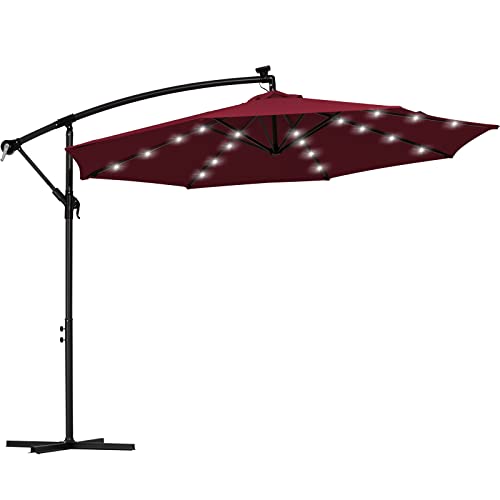 SERWALL 10FT LED Offset Patio Umbrella, Solar Light Cantilever Umbrella, Market Outdoor Hanging Deck Umbrella for Pool, Yard, Garden (Red)