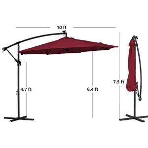 SERWALL 10FT LED Offset Patio Umbrella, Solar Light Cantilever Umbrella, Market Outdoor Hanging Deck Umbrella for Pool, Yard, Garden (Red)