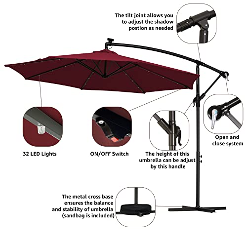 SERWALL 10FT LED Offset Patio Umbrella, Solar Light Cantilever Umbrella, Market Outdoor Hanging Deck Umbrella for Pool, Yard, Garden (Red)