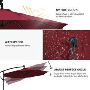SERWALL 10FT LED Offset Patio Umbrella, Solar Light Cantilever Umbrella, Market Outdoor Hanging Deck Umbrella for Pool, Yard, Garden (Red)