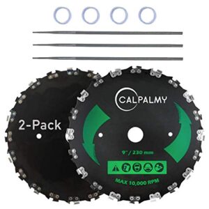 (2-set) 9″ x 20t chainsaw tooth brush blades – weed eater saw blade kit with 2 carbon steel round chainsaw blades, 3 round files, and 4 washers for brush cutters, string trimmers, and weed wreckers