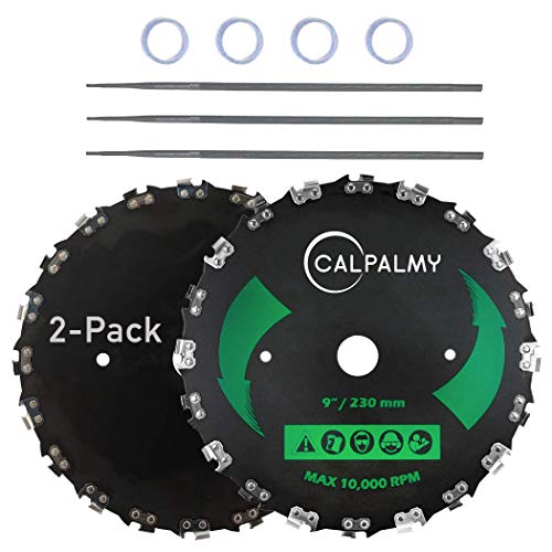 (2-Set) 9" x 20T Chainsaw Tooth Brush Blades - Weed Eater Saw Blade Kit with 2 Carbon Steel Round Chainsaw Blades, 3 Round Files, and 4 Washers for Brush Cutters, String Trimmers, and Weed Wreckers