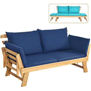 Tangkula Acacia Wood Patio Convertible Couch Sofa Bed with Adjustable Armrest, Outdoor Daybed with Cushion & Pillow, Turquoise & Navy Cushion Cover Sets, Folding Chaise Lounge Bench Ideal for Porch