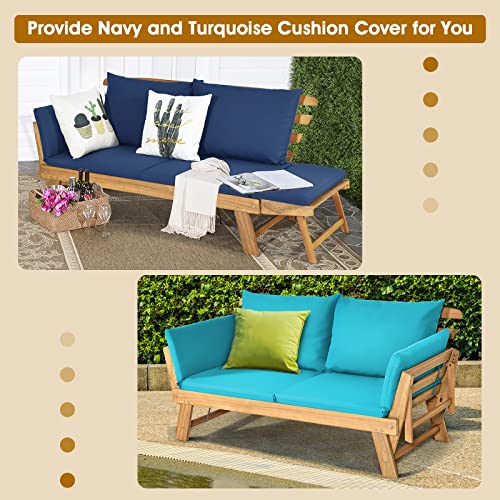 Tangkula Acacia Wood Patio Convertible Couch Sofa Bed with Adjustable Armrest, Outdoor Daybed with Cushion & Pillow, Turquoise & Navy Cushion Cover Sets, Folding Chaise Lounge Bench Ideal for Porch