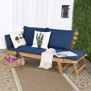 Tangkula Acacia Wood Patio Convertible Couch Sofa Bed with Adjustable Armrest, Outdoor Daybed with Cushion & Pillow, Turquoise & Navy Cushion Cover Sets, Folding Chaise Lounge Bench Ideal for Porch