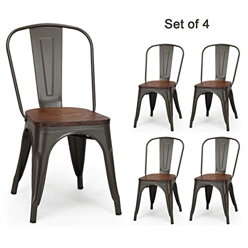 GOFLAME Set of 4 Metal Dining Chairs with Wood Top Seat, Tolix Style Stackable Bistro Cafe Side Chair, Indoor Outdoor Dining Chairs with High Backrest, Perfect for Living Room, Restaurant (Gun)