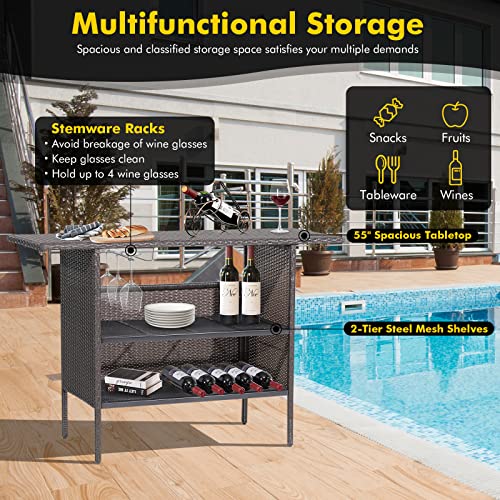 Giantex Outdoor Patio Wicker Bar Table, 2 Storage Shelves, 55''W Tabletop, Rails for Hanging Wine Glasses, Heavy-Duty Metal Frame, Bistro Rattan Bar Counter Table for Poolside Backyard (Mix Brown)