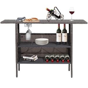 Giantex Outdoor Patio Wicker Bar Table, 2 Storage Shelves, 55''W Tabletop, Rails for Hanging Wine Glasses, Heavy-Duty Metal Frame, Bistro Rattan Bar Counter Table for Poolside Backyard (Mix Brown)