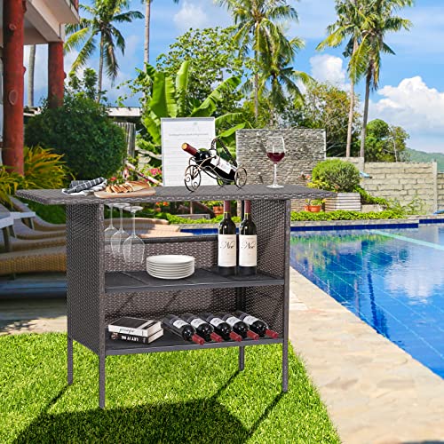 Giantex Outdoor Patio Wicker Bar Table, 2 Storage Shelves, 55''W Tabletop, Rails for Hanging Wine Glasses, Heavy-Duty Metal Frame, Bistro Rattan Bar Counter Table for Poolside Backyard (Mix Brown)
