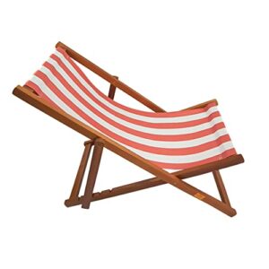 MONSTRUNO Beach Chair Wood Sling Red Stripe Patio Chair, Recliner Camping Chairs, Folding Lounge Chair, Adjustable Backrest, 220 Lbs Weight Capacity