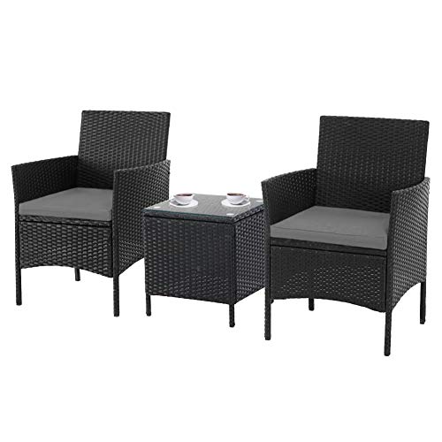 SOLAURA 3-Piece Outdoor Patio Bistro Set Outdoor Furniture Chairs Black Wicker Porch Furniture with Glass Coffee Table (Grey Cushion)