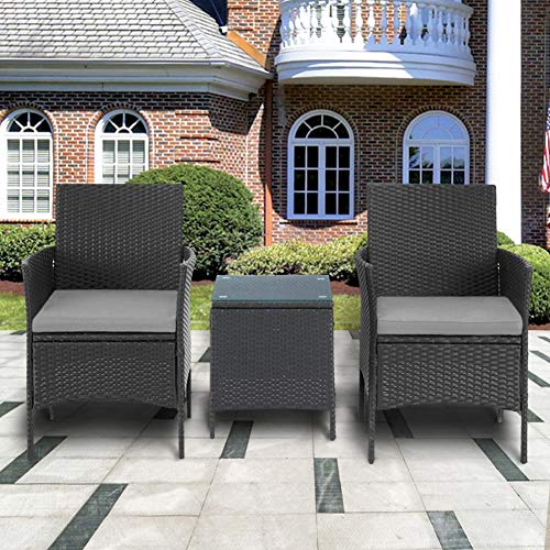 SOLAURA 3-Piece Outdoor Patio Bistro Set Outdoor Furniture Chairs Black Wicker Porch Furniture with Glass Coffee Table (Grey Cushion)