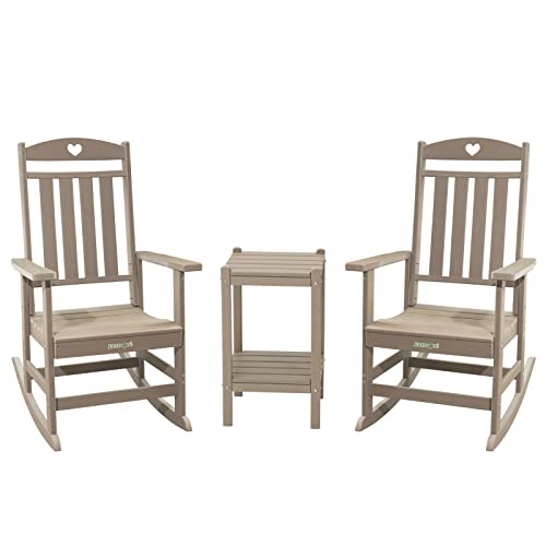 letsdate 3-Piece Patio Rocking Chairs Set | 2 Love High Back Plastic Rocking Chairs with 1 Side Table, Outdoor & Indoor | HDPE |Easy to Assemble | for Lawn, Porch(Medium Brown)