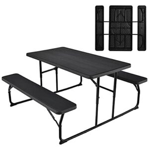 giantex folding picnic table bench set, outdoor dining table set, large camping table for patio deck lawn garden backyard poolside, portable picnic tables, weather resistant metal frame, black