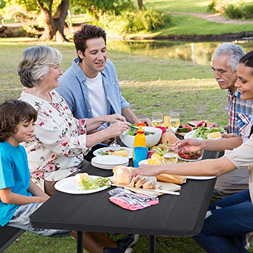 Giantex Folding Picnic Table Bench Set, Outdoor Dining Table Set, Large Camping Table for Patio Deck Lawn Garden Backyard Poolside, Portable Picnic Tables, Weather Resistant Metal Frame, Black