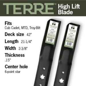 Terre Products, 2 Pack, High Lift Lawn Mower Blades, 42 Inch Deck, Compatible with Cub Cadet RZT, XT1, XT2, 942-04308, 942-04312, Troy Bilt 742-04308, 742-04312, Craftsman LT1000, LT2000, LT3000