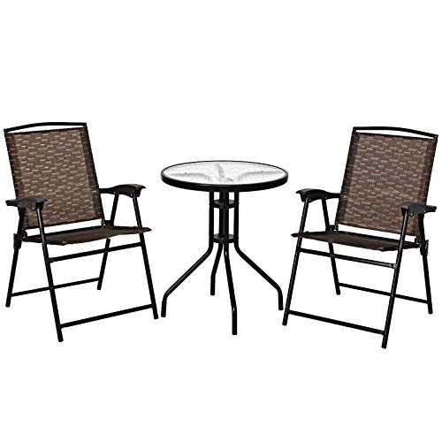 Tangkula 3 Pieces Patio Bistro Set, Outdoor Folding Chairs & Table Set with Tempered Glass Tabletop, Round Table & 2 Foldable Chairs, Small Outdoor Furniture Set for Garden, Poolside & Backyard