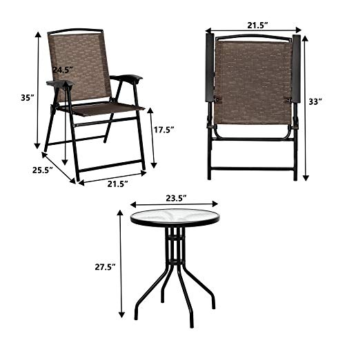 Tangkula 3 Pieces Patio Bistro Set, Outdoor Folding Chairs & Table Set with Tempered Glass Tabletop, Round Table & 2 Foldable Chairs, Small Outdoor Furniture Set for Garden, Poolside & Backyard