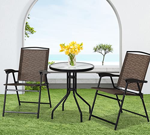 Tangkula 3 Pieces Patio Bistro Set, Outdoor Folding Chairs & Table Set with Tempered Glass Tabletop, Round Table & 2 Foldable Chairs, Small Outdoor Furniture Set for Garden, Poolside & Backyard