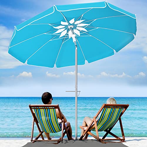 Portable Beach Umbrella for Sand: 7FT Arc Length 6.5FT Diameter Outdoor Umbrella with Anchor Heavy Duty and Adjustable Tilt Pole - UV 50+ Windproof Beach Umbrella with Carry Bag for Beach, Patio, Garden