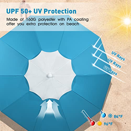 Portable Beach Umbrella for Sand: 7FT Arc Length 6.5FT Diameter Outdoor Umbrella with Anchor Heavy Duty and Adjustable Tilt Pole - UV 50+ Windproof Beach Umbrella with Carry Bag for Beach, Patio, Garden