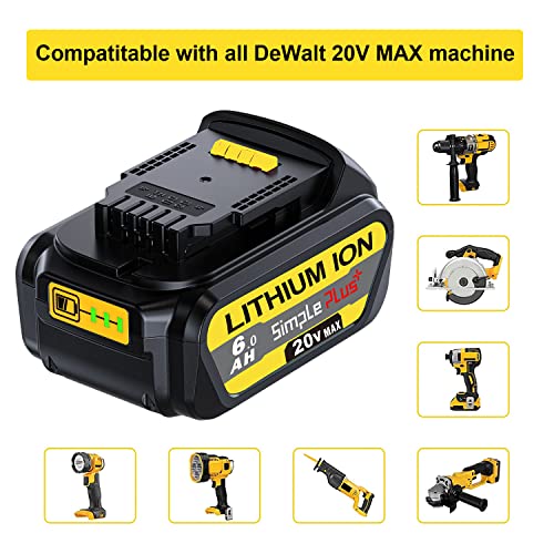 Simple Plus+ 2Packs Replacement Battery for Dewalt 20V MAX XR Battery Lithium Ion 6.0Ah Compatible with Dewalt Battery 20v DCB206 DCB205 DCB204 DCB180 DCB200 Fit for Dewalt 20V Max XR Cordless Tools