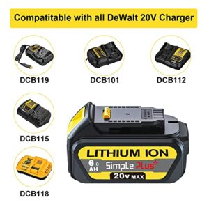 Simple Plus+ 2Packs Replacement Battery for Dewalt 20V MAX XR Battery Lithium Ion 6.0Ah Compatible with Dewalt Battery 20v DCB206 DCB205 DCB204 DCB180 DCB200 Fit for Dewalt 20V Max XR Cordless Tools